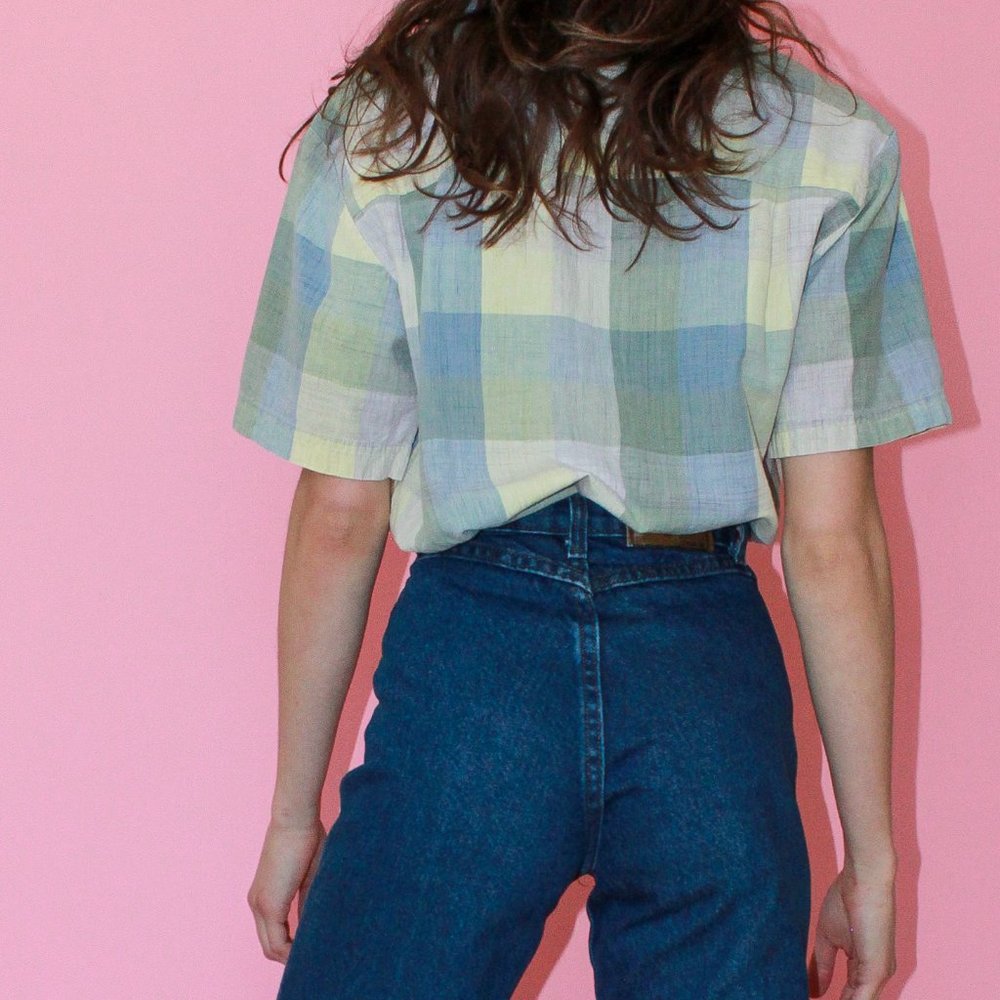 Vtg Linen Plaid Embroidered Pastel Button-Up Shirt - Picture 3 of 8